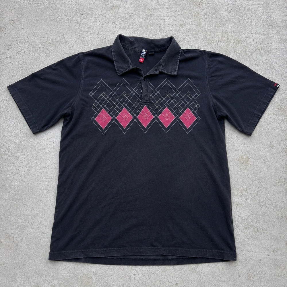 Quiksilver Mens Navy Blue Argyle Geometric Graphic Polo Shirt XL Short Sleeve